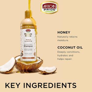 شامپو ترمیم کننده مو آفریکن پراید African Pride مدل Honey & Coconut Oil مناسب موهای فر حجم 300 میلی لیتر